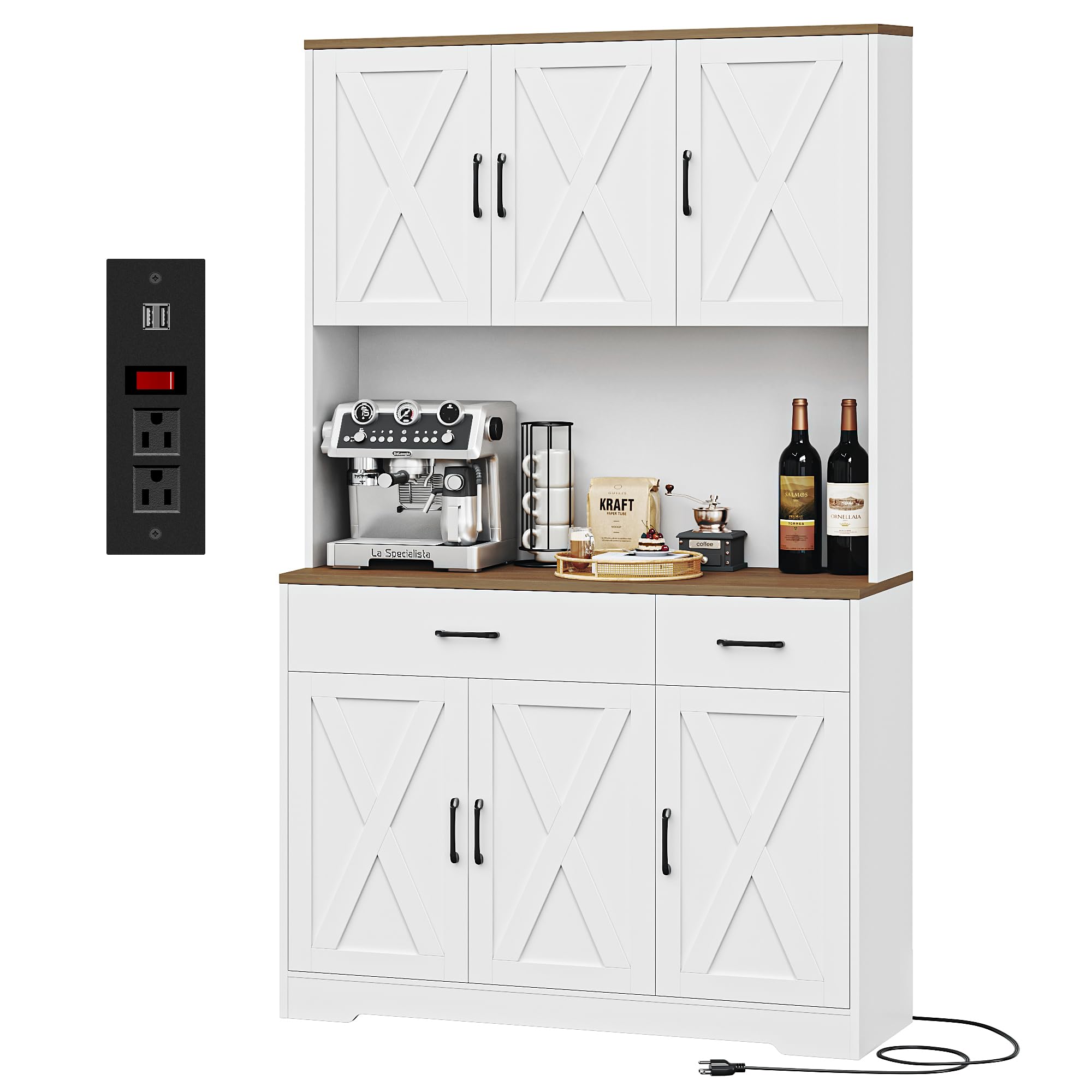 71" Pantry Cabinet with Charging Station, Tall Kitchen Pantry Storage Cabinet