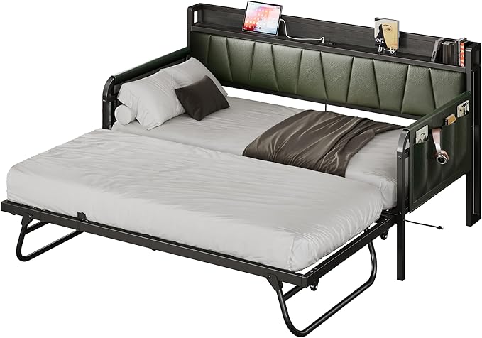 Daybed with Trundle Bed, Twin Bed Frame with Storage Headboard and Charging Station