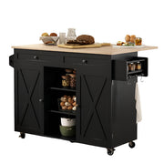 Dark Green Rolling Kitchen Islands Cart with Drop Leaf Countertop, Barn Door Kitchen