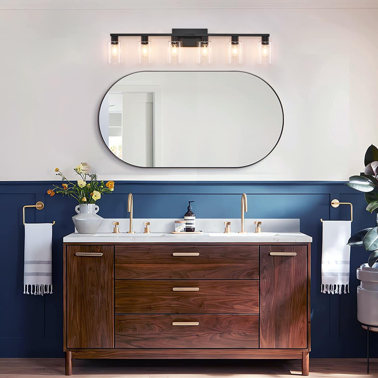 6-Light Vanity Lights,Large Vanity Light for Bathroom Black Vanitii Lights with Clear Glass