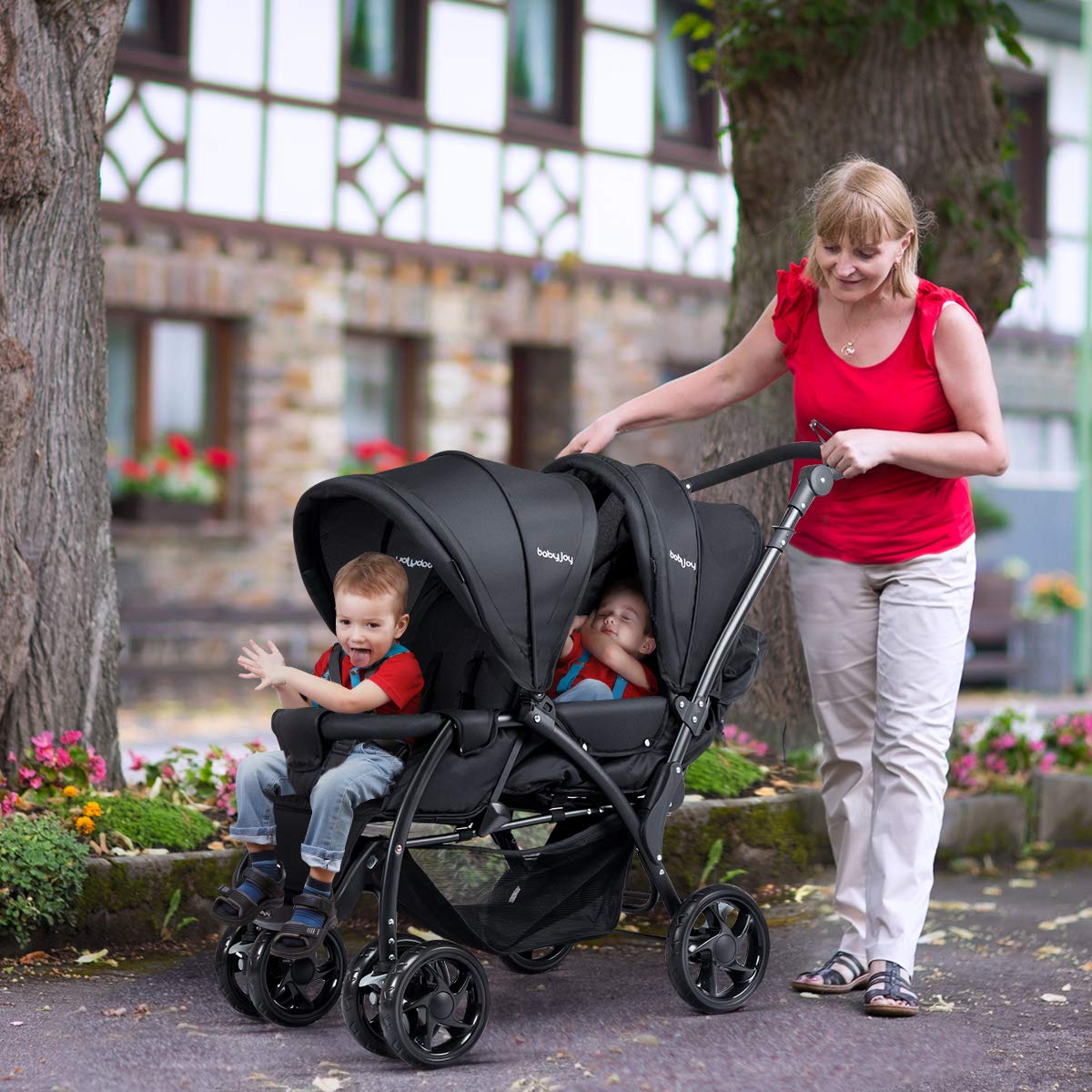 Double Stroller - Foldable Lightweight Twin Stroller with Tandem Seating