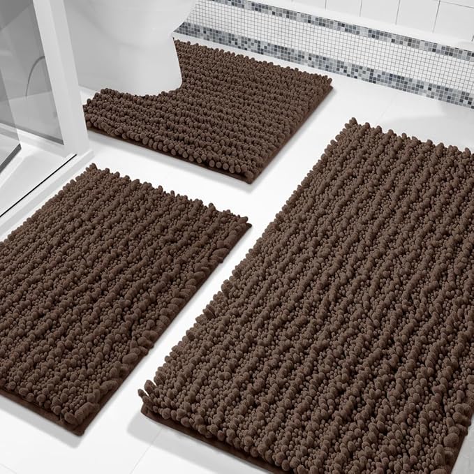 Bathroom Rugs Sets 3 Piece, Fluffy Plush Chenille Bath Room Mats Set