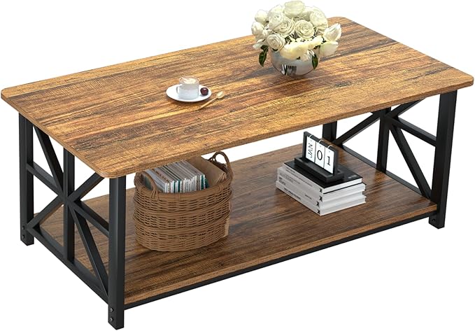 Coffee Table with Round Corner, Farmhouse Center Table with 2-Tier Storage