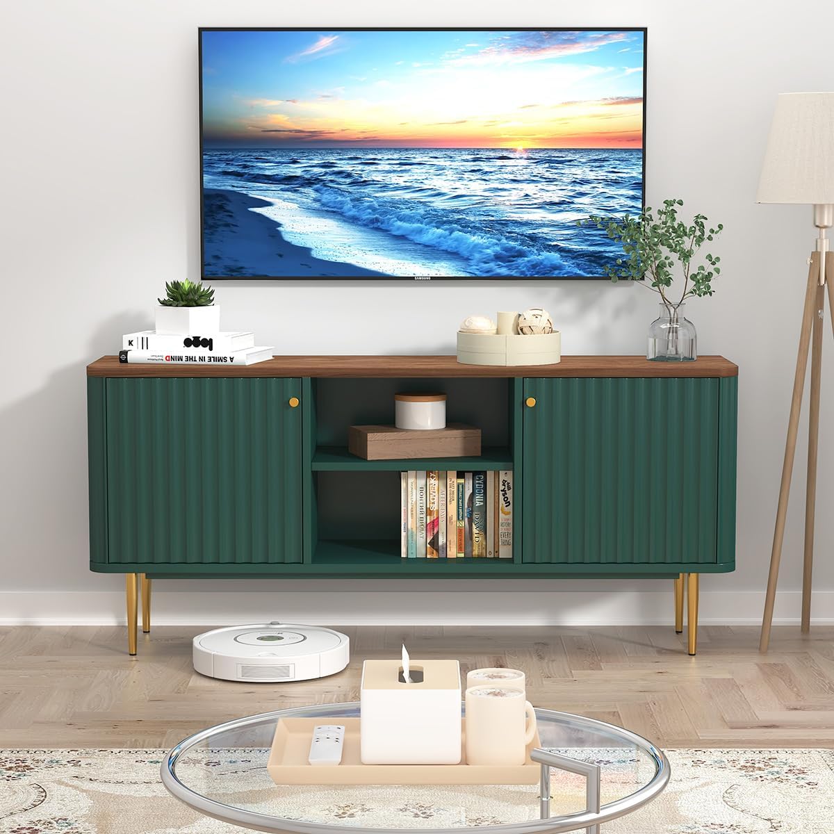 55” Fluted TV Stand, Mid Century Modern TV Stand for 55/60/65 inch TV for Living Room