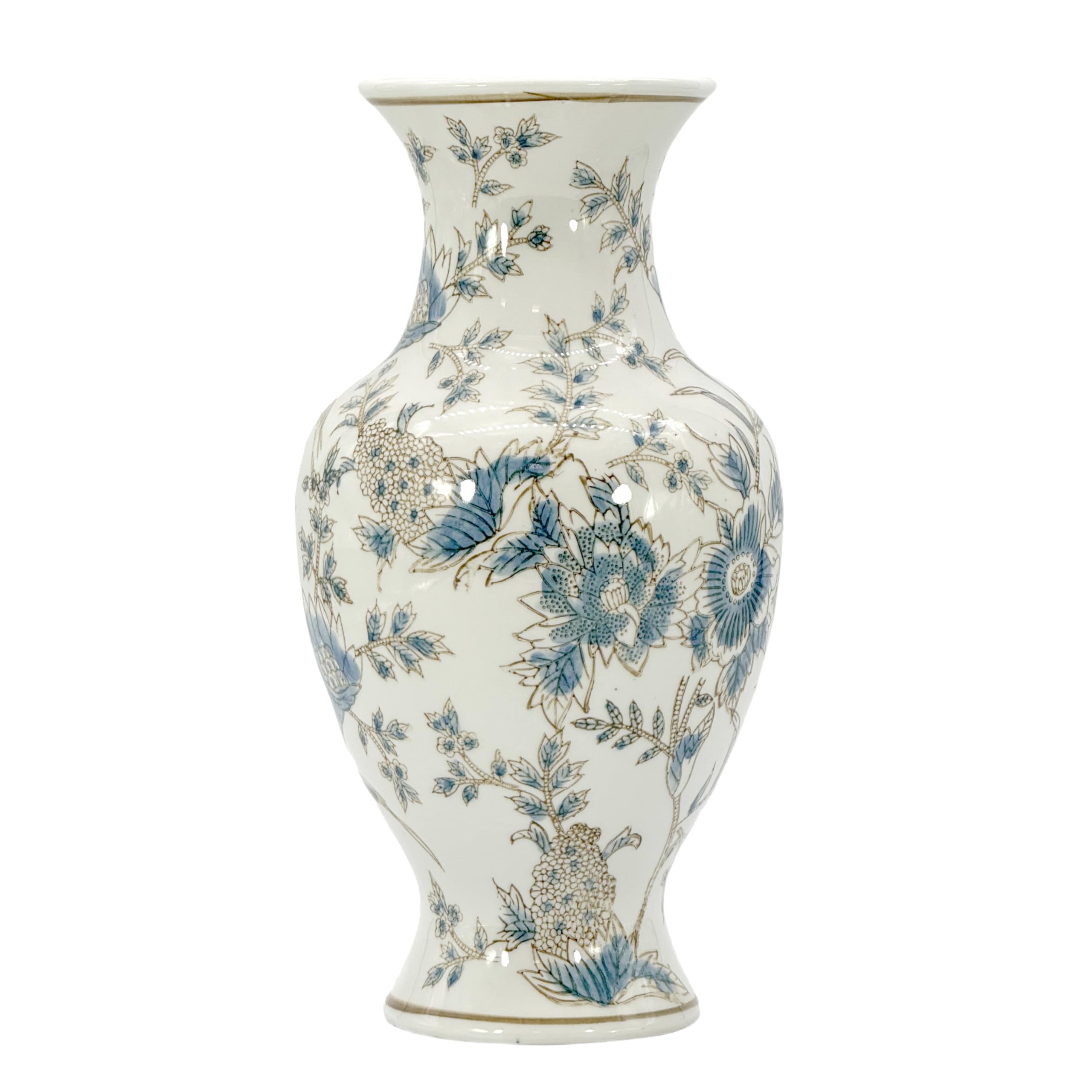 White & Blue Floral Chinoiserie Ceramic Vase 14" - Hand Painted Antique Style Porcelain