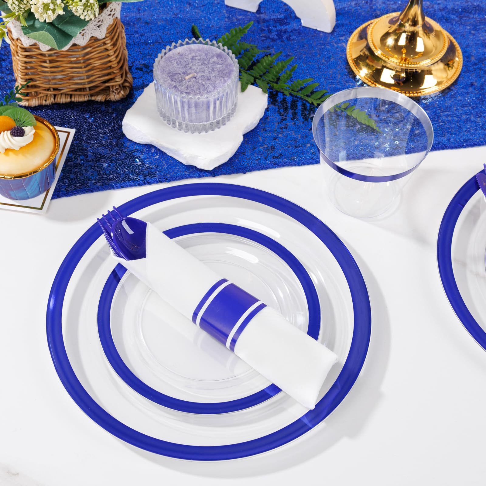 350PCS Blue Plastic Plates - Clear with Blue Trim for 50Guests
