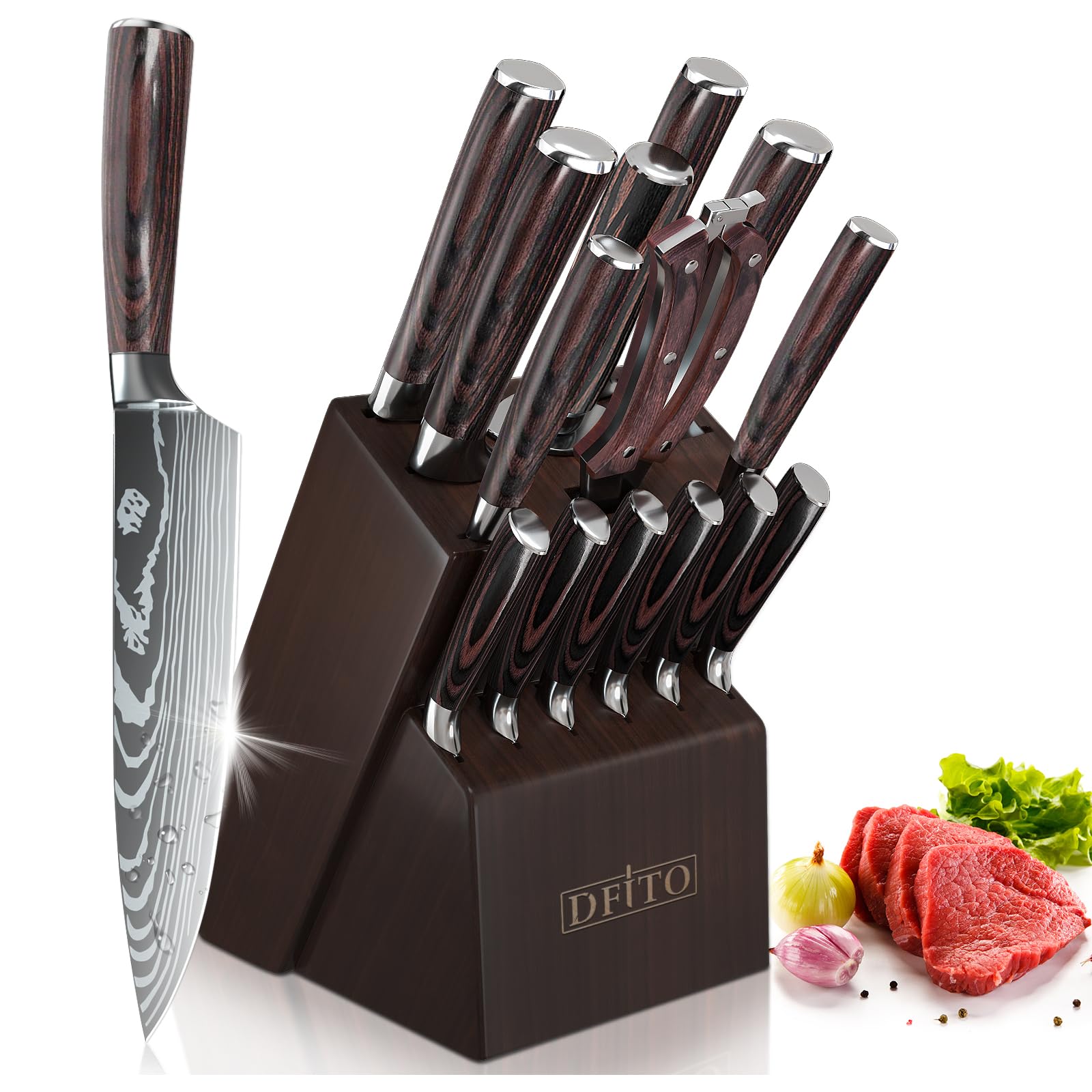 Knife Block Set,15 PCS Knife Set with Block and Sharpener,High Carbon Stainless Steel Sharp