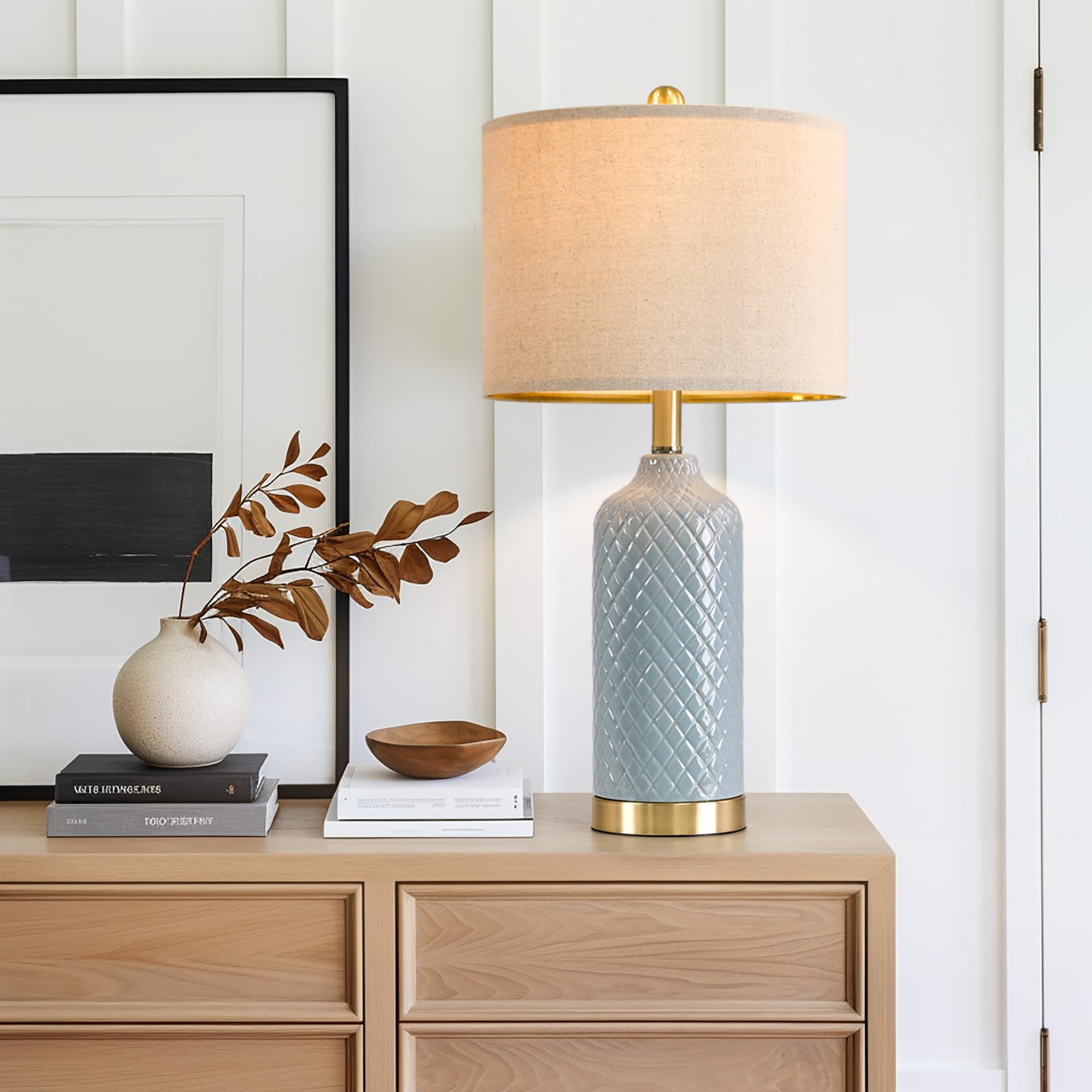 Modern Ceramic Blue Table Lamps Set of 2 for Living Room, Farmhouse