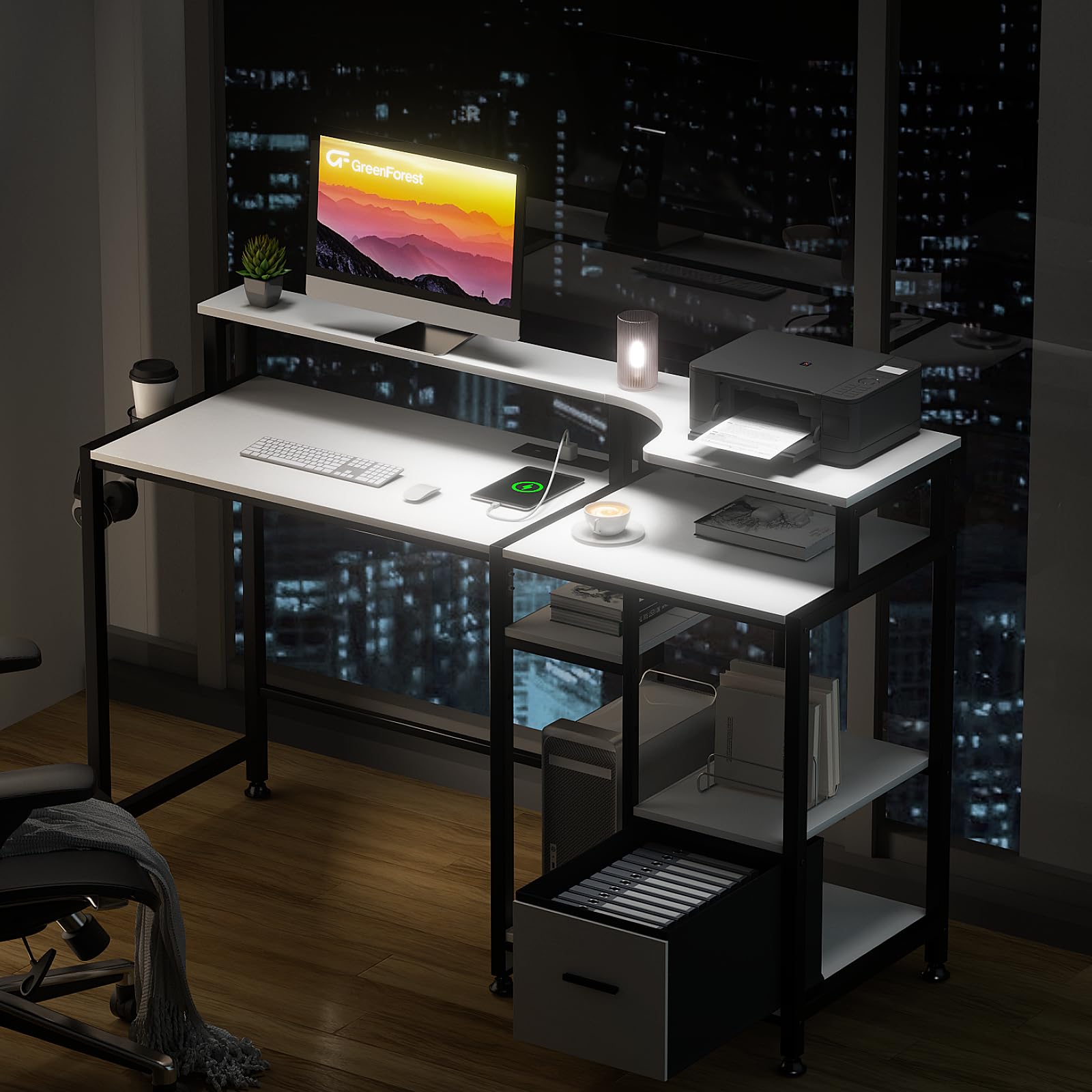 Small Desks with Drawers and Power Outlet, 55 inch Office Desk