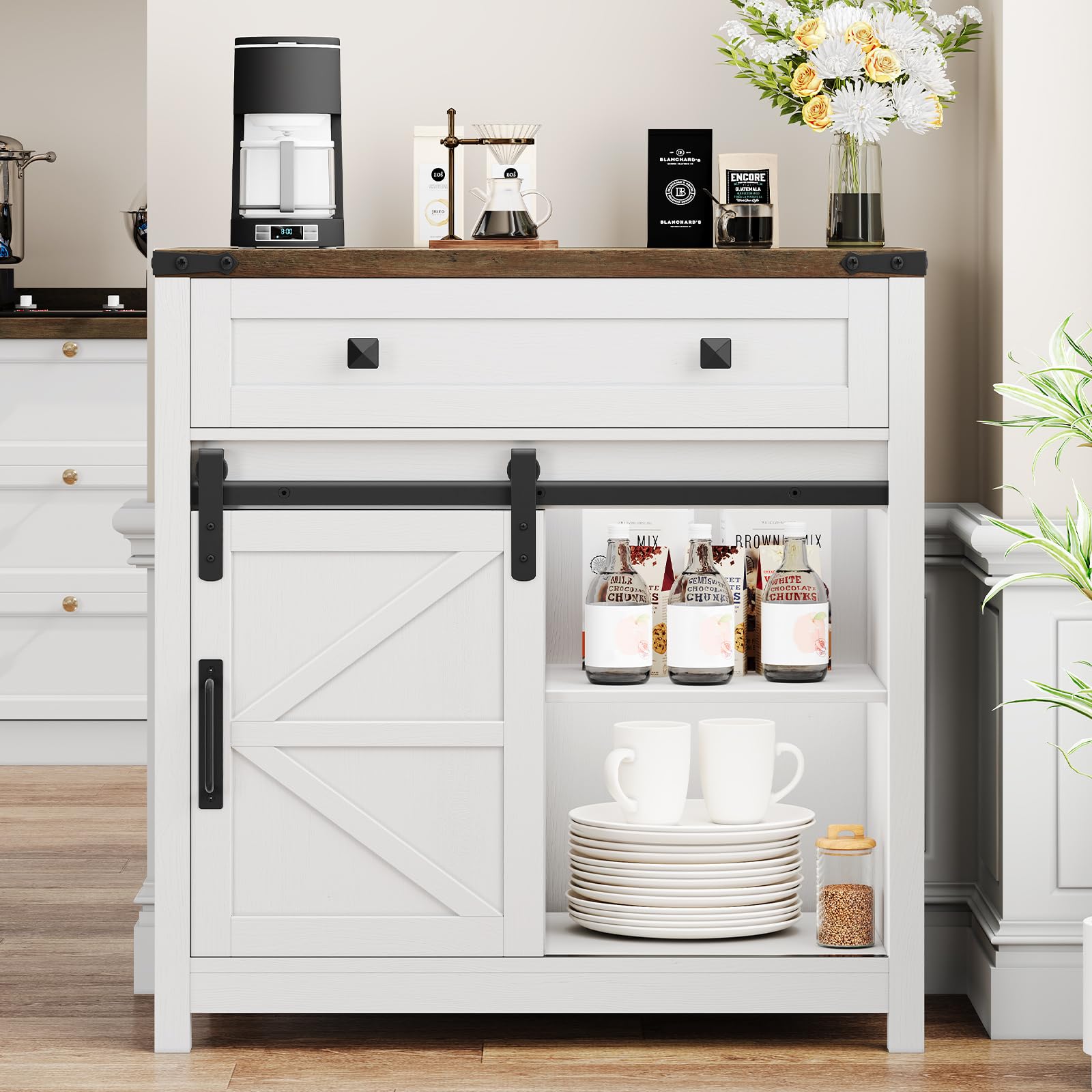 Farmhouse Storage Cabinet with Sliding Barn Door and 4 Drawers