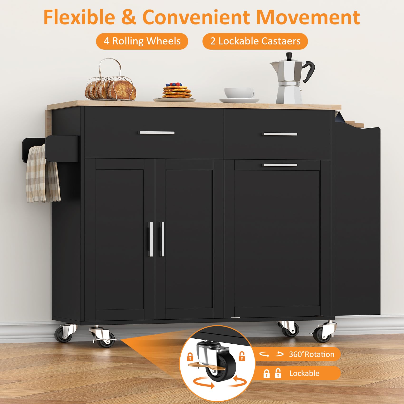 Bigbiglife Rolling Kitchen Island with 2 Drawers, Island Table for Kitchen with Drop Leaf, Kitchen Island Cart with Trash Storage Cabinet, Mobile Buffet Cabinet for Kitchen, Dining Room, Living Room
