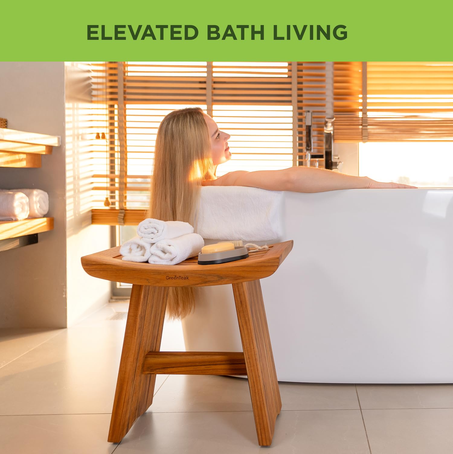 GREENTEAK Premium 18" Teak Shower Bench, Waterproof Teak Shower Stool, Wooden Stool for Bathroom, Teak Wood Shower Seat Chair for Shower Storage Shelf, 300 Lbs Capacity, Provides Safety