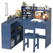 Kids Desk and Chair Set, 41" x 31" Blue Study Desk with LED Lights, Storage Drawers