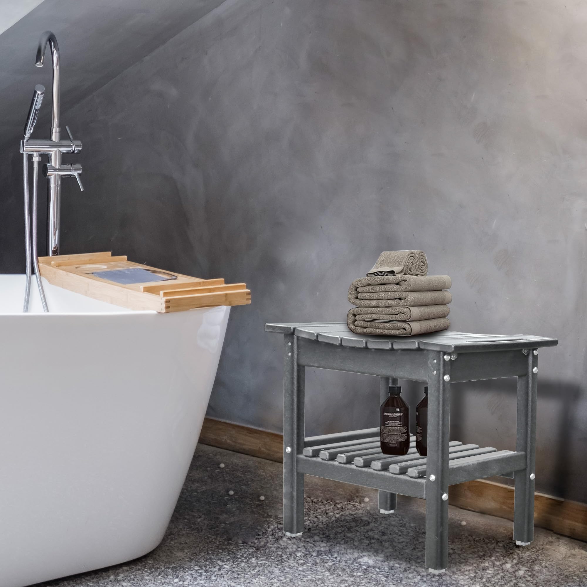 Restcozi HDPE Shower Bench Inside Shower Stool with Space-Efficient Storage Shelf, Shower Bath Chairs Spa Stool for Bathroom - Great for All Ages Unisex Elderly (Grey, Large & 19.3 * 11.8 * 17.3)