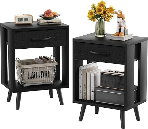 Nightstands Set of 2 with Black Fabric Storage Drawer and Open Wood Shelf