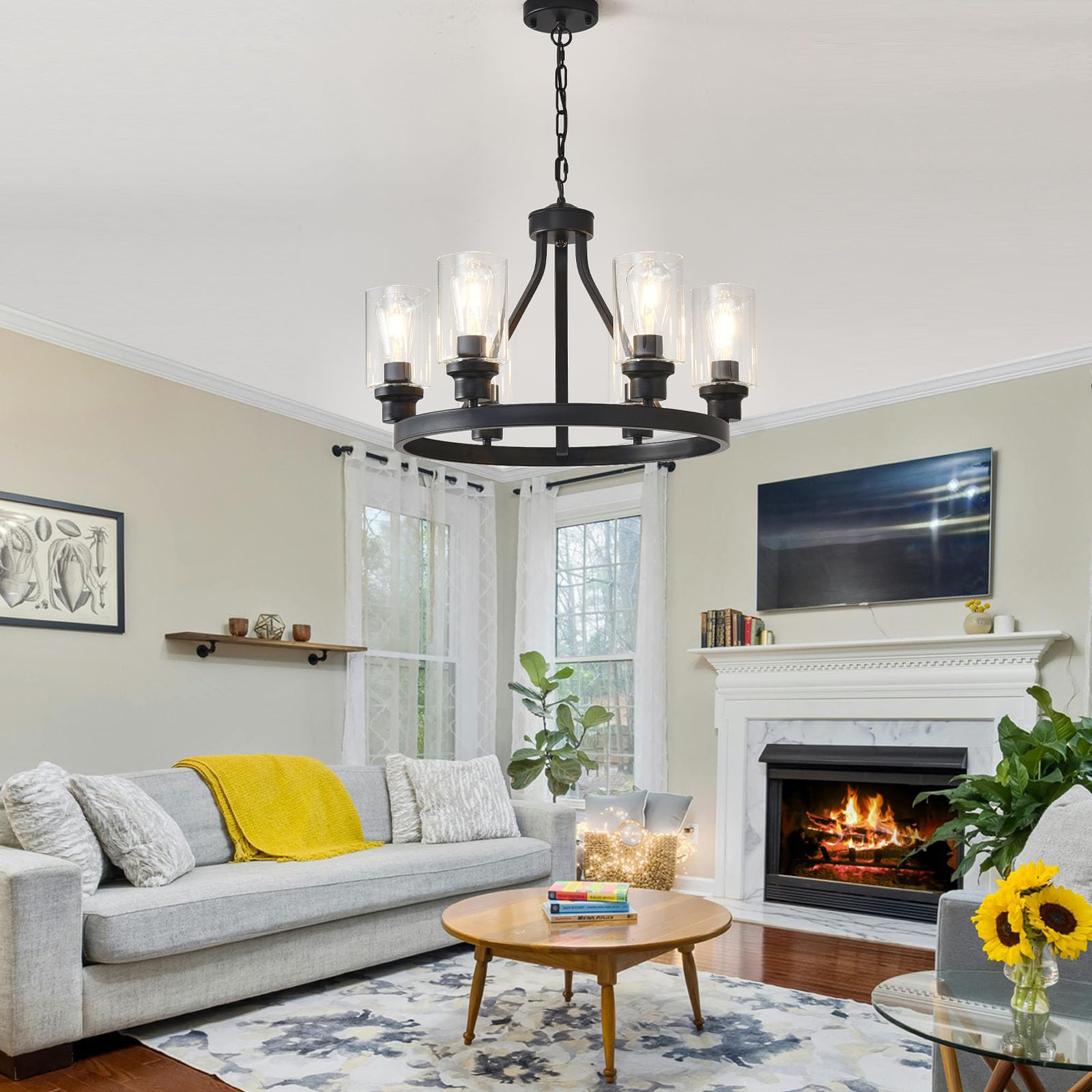 Farmhouse Chandelier 6-Light Black Dining Room Light Fixture with Glass Shade Ceiling