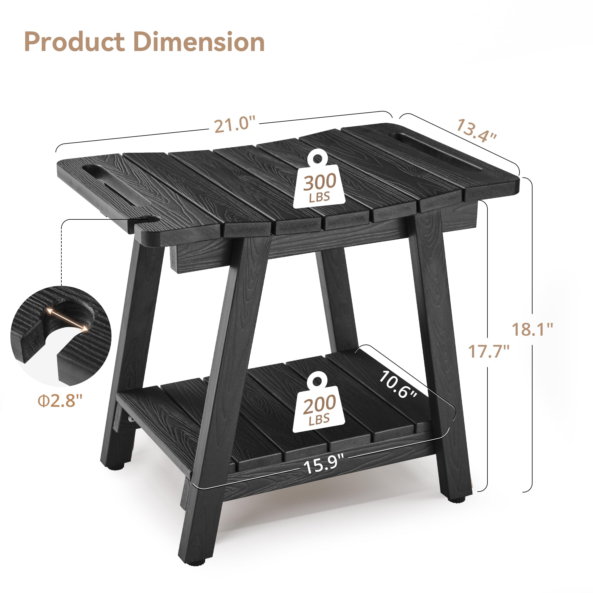 LUE BONA Shower Bench, HDPS Shower Seat with Storage Shelf, Waterproof Shower Chair, Non-Slip Shower Stool for Adults, Elderly, Disabled, Seniors, Large Size, Black