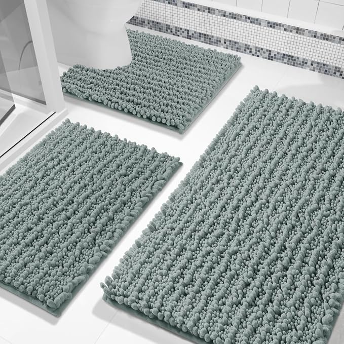 Bathroom Rugs Sets 3 Piece, Fluffy Plush Chenille Bath Room Mats Set