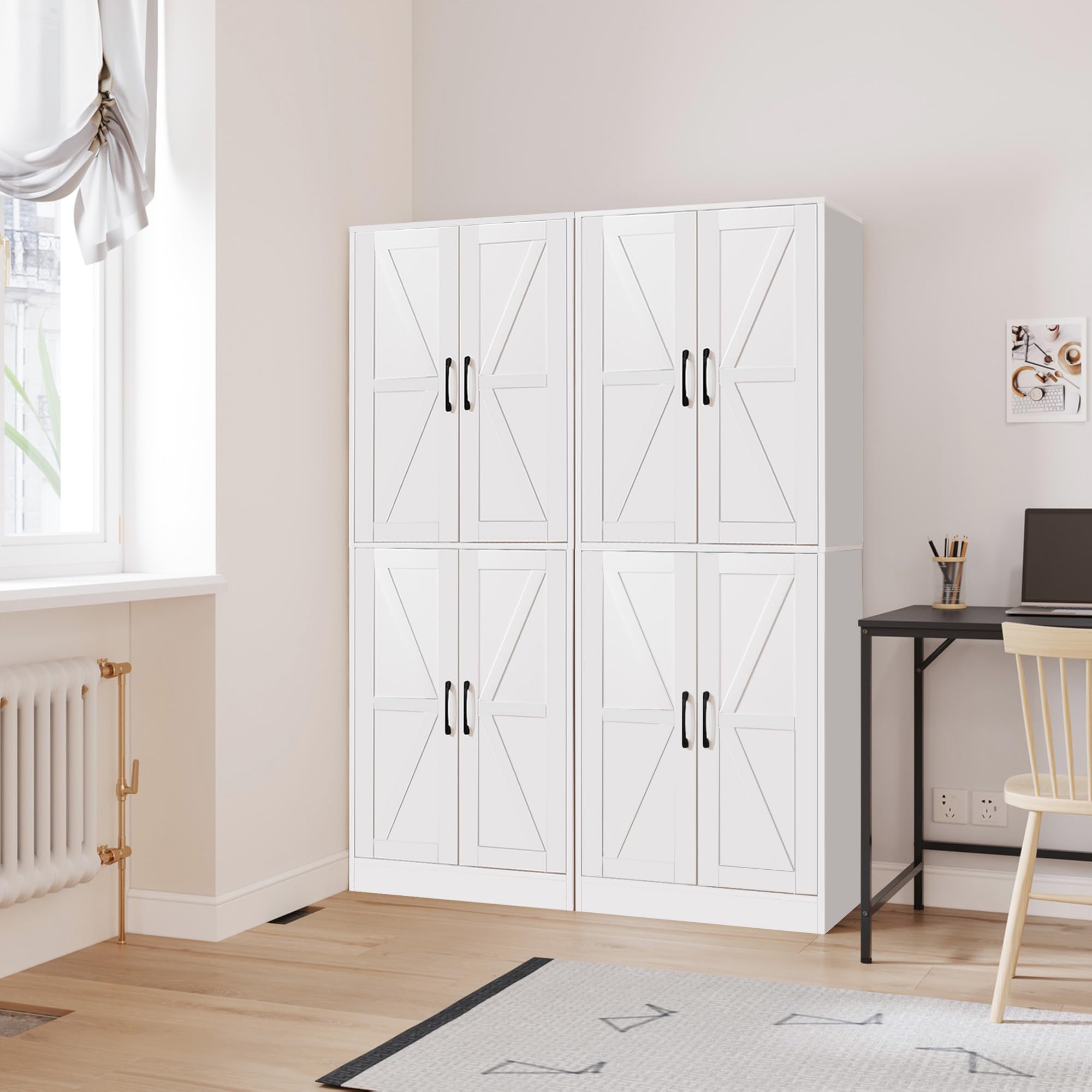 Farmhouse Storage Cabinet - Pantry with 4 Doors, Tall Kitchen Pantry with Adjustable