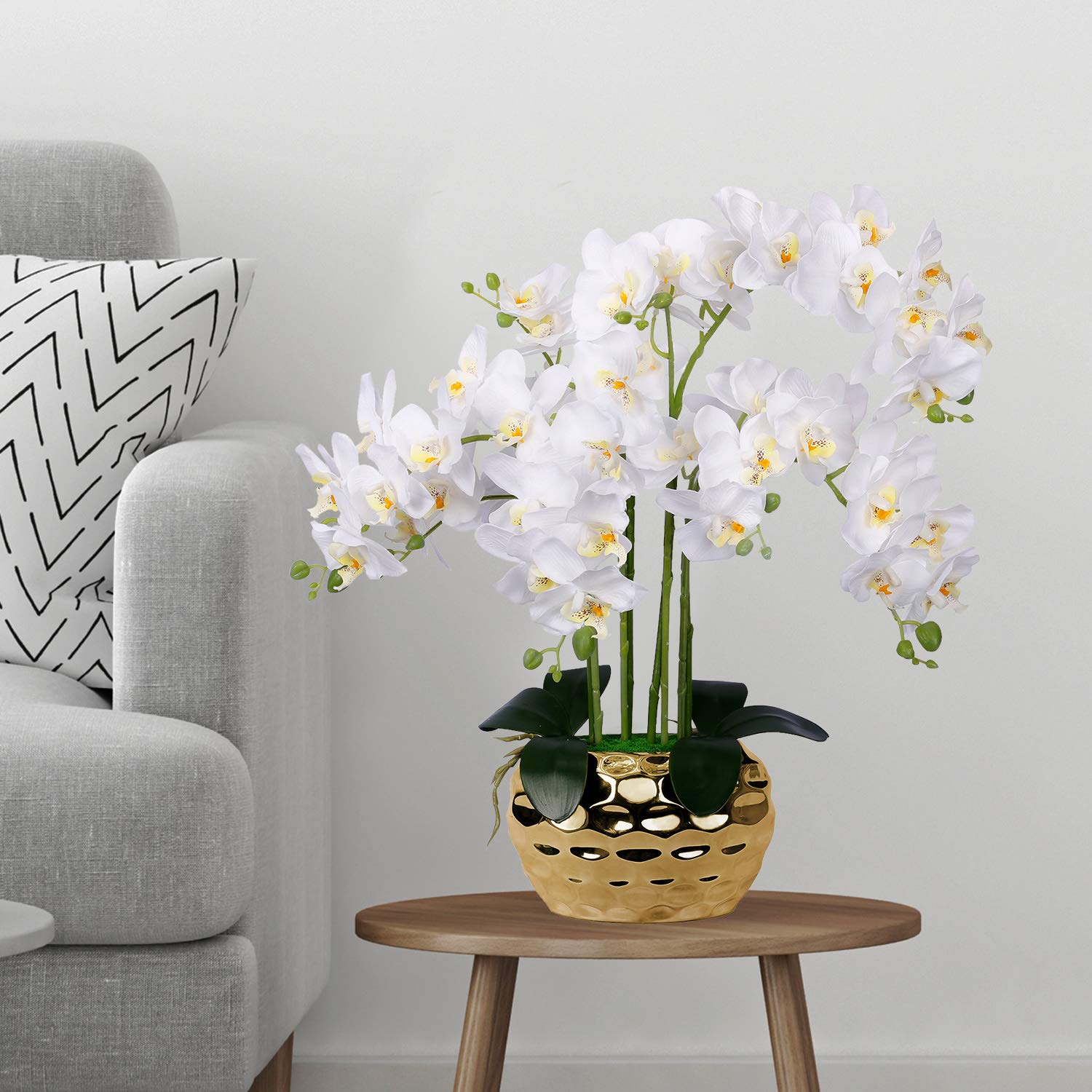 Artificial Orchid in Gold Vase White Silk Faux Orchid Plant in Gold Pot Fake Flower