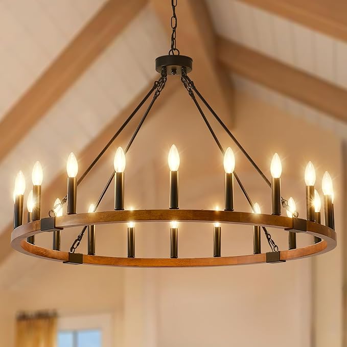 Wagon Wheel Chandelier 32" 12-Light, Round Black Chandeliers Farmhouse Modern