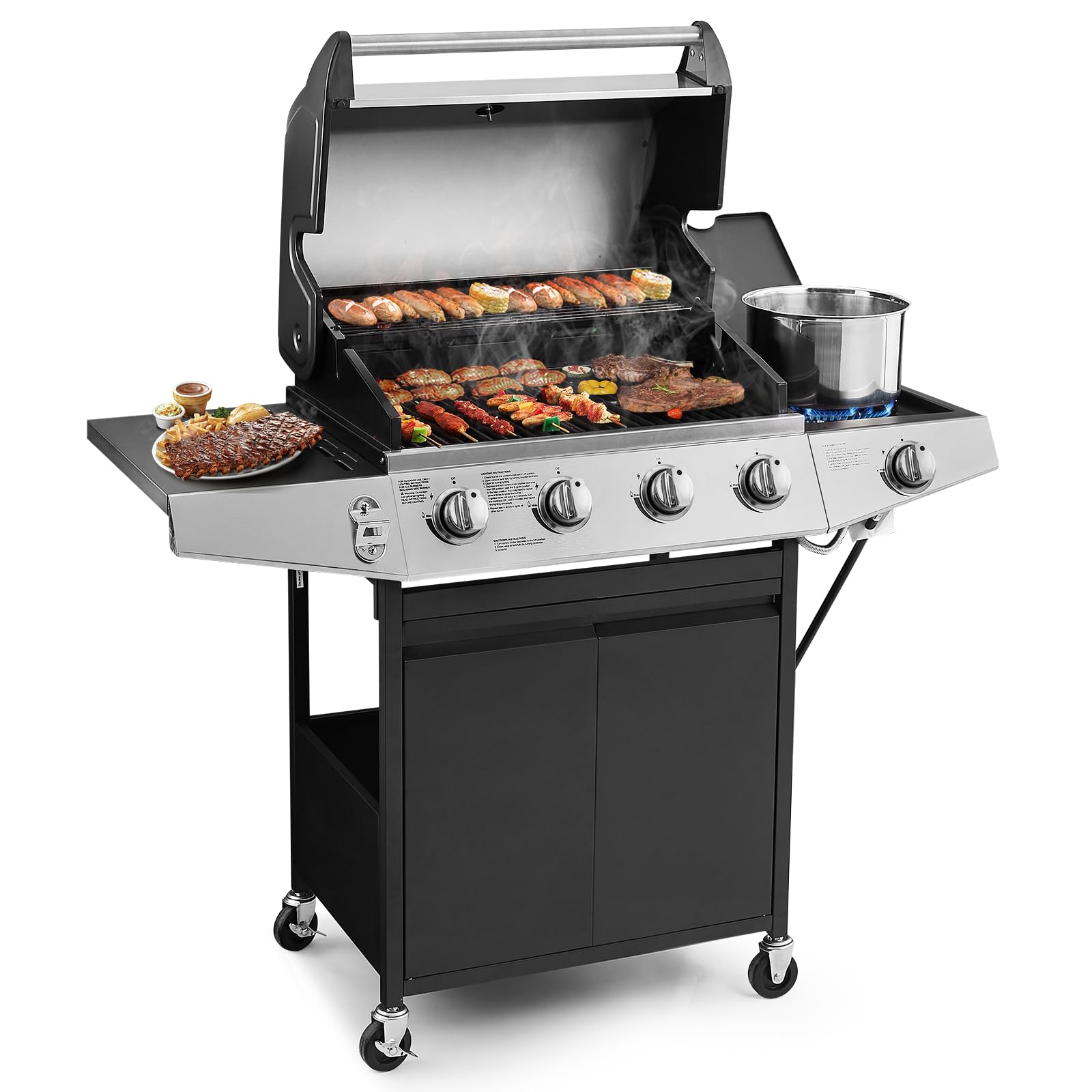 4 Burners Gas Grill with Side Burner, Propane Grill with Wheels and Storage