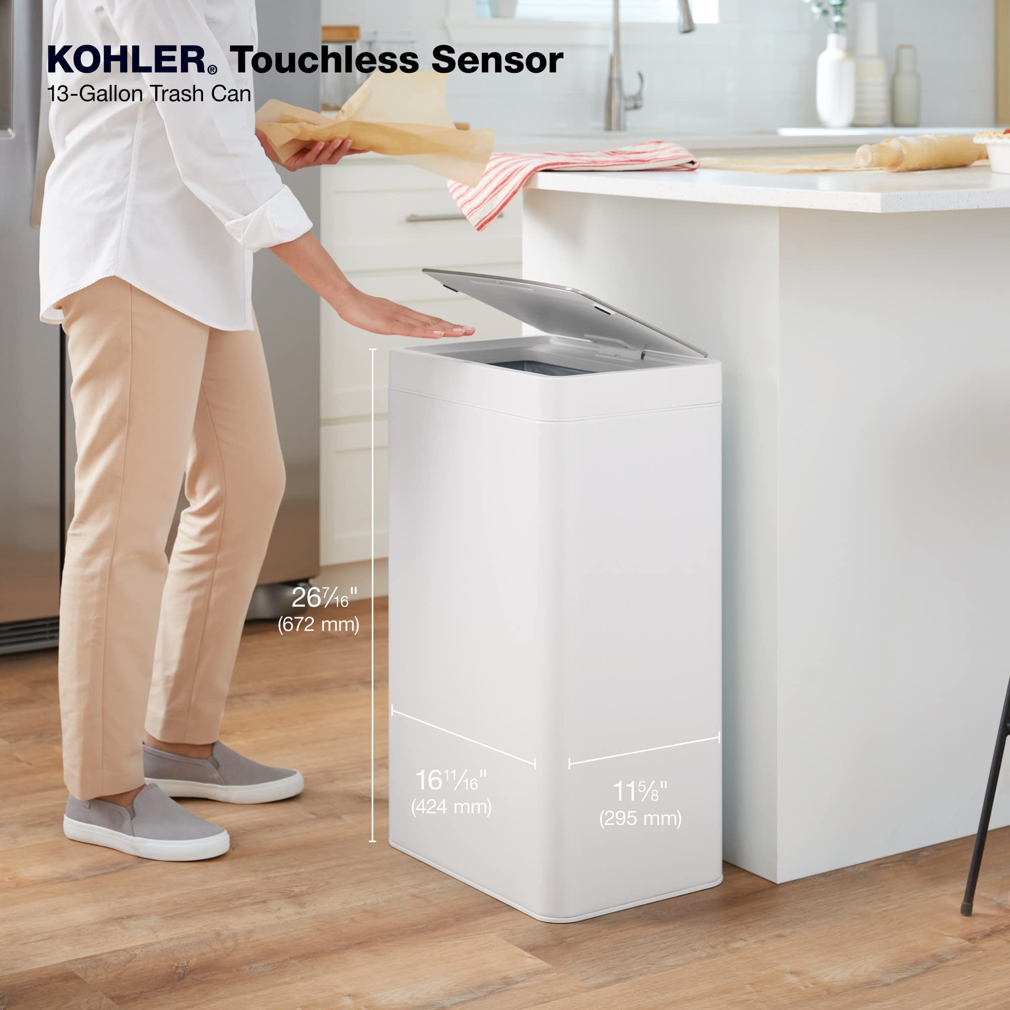 KOHLER 13-Gallon Touchless White Stainless Steel Trash Can, Hands-Free Motion Sensor Lid, Durable, Fingerprint-Resistant, Easy to Clean, K-23825-STW