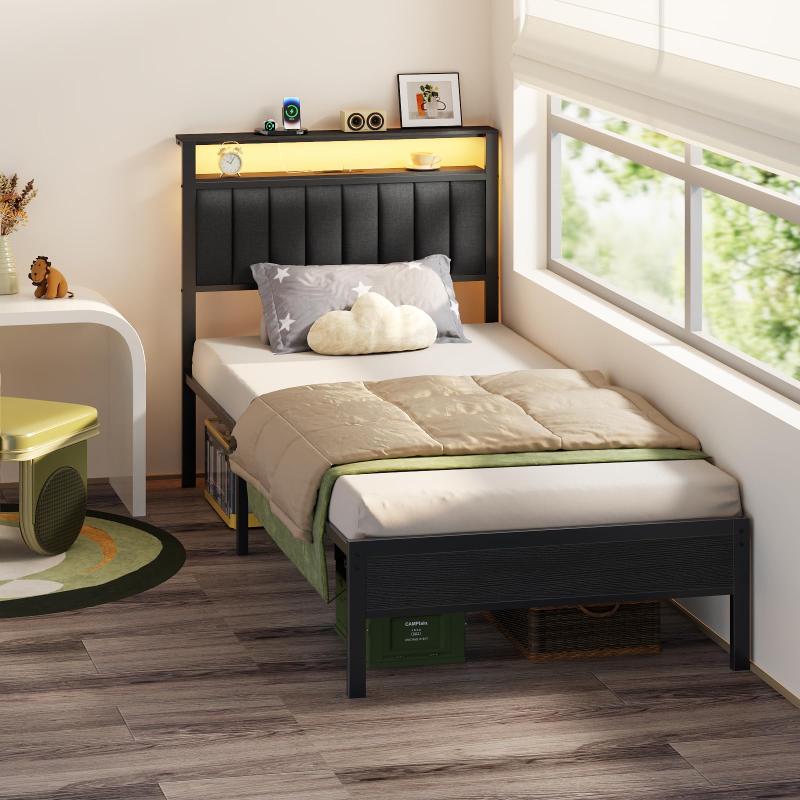 Twin Size Bed Frame with Charging Station and LED Lights, Platform Bed