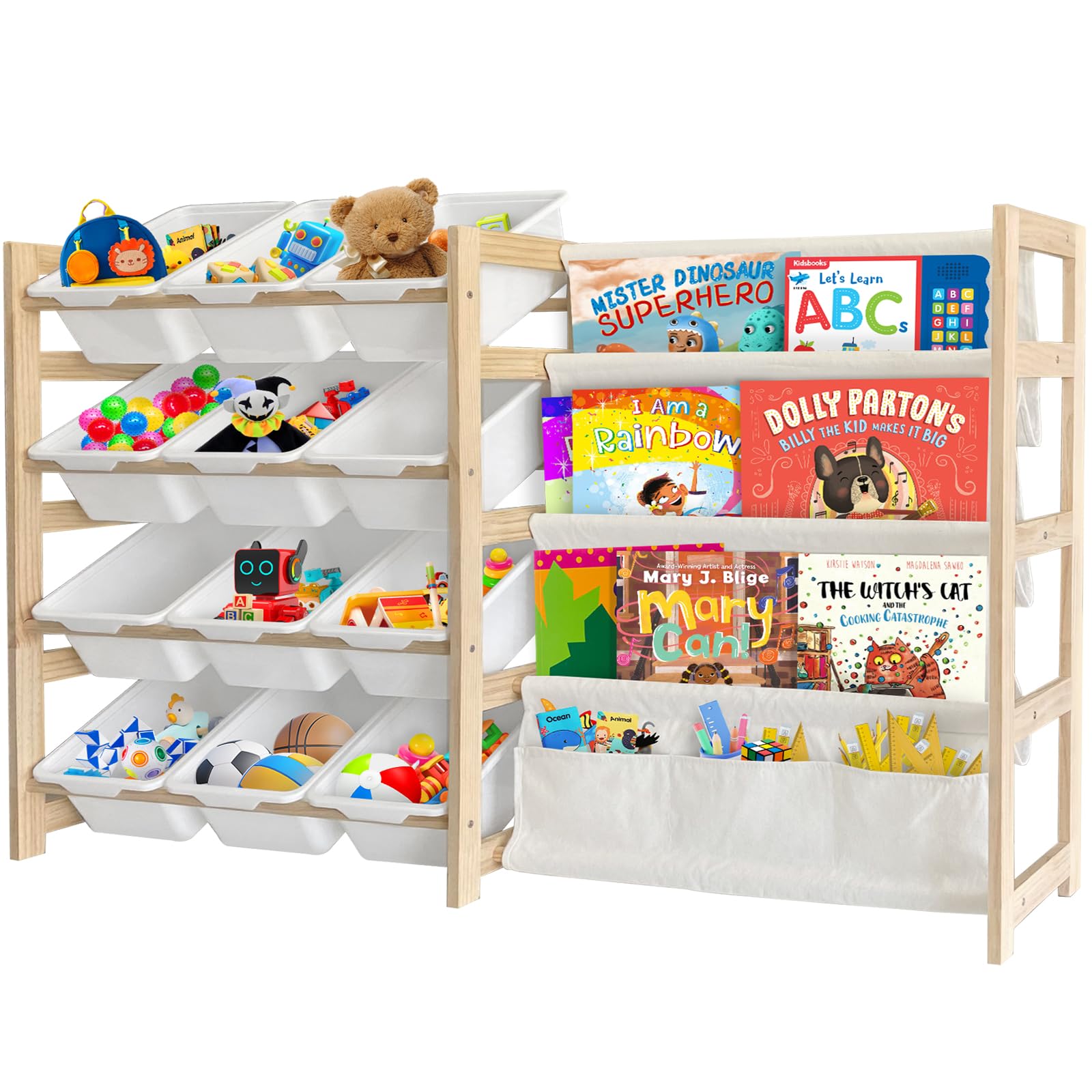 Toy Storage Organizer with Bookshelf - 12 Storage Bins 4-Tier Multipurpose Shelf