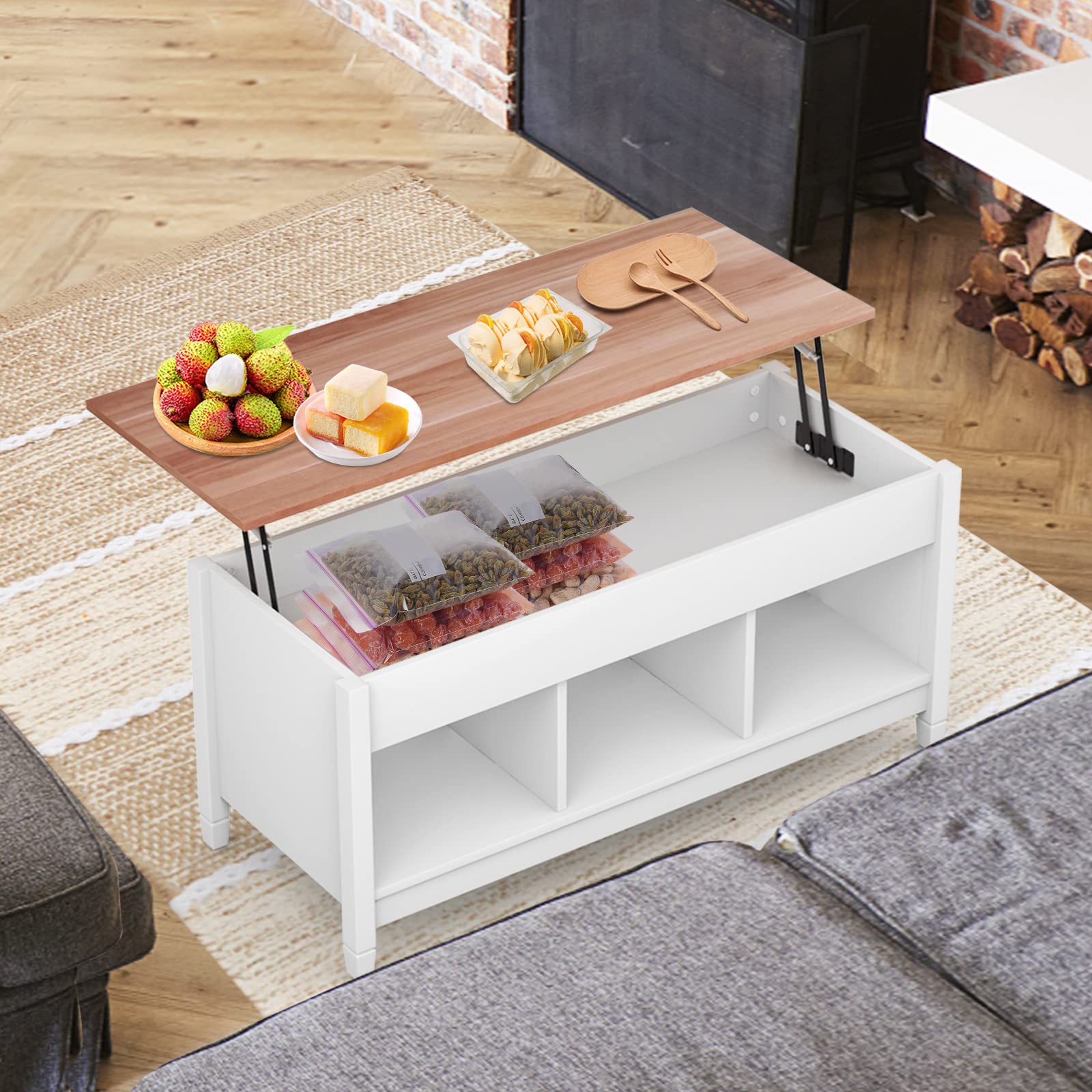 Lift Top Coffee Table, with Hidden Storage Compartment & 3 Open Shelves, Rectangular