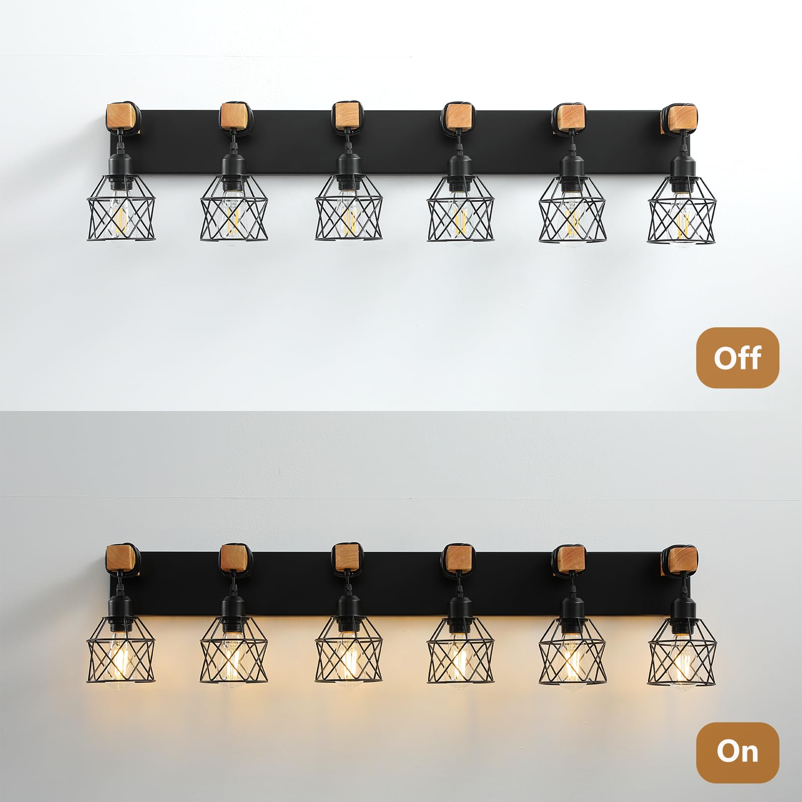 Farmhouse Vanity Light Fixture,6-Light Bathroom Lighting,Black Industrial Wood Wall Light