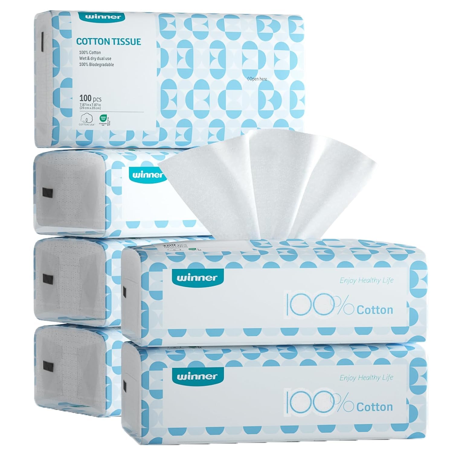 Winner Soft Face Towels, 100% USDA Biobased Facial Towels, Unscented Cotton Tissues for Sensitive Skin, OEKO-TEX Certified Face Towelettes Disposable, Makeup Remover Dry Wipes, 600 Ct, 6 Pack