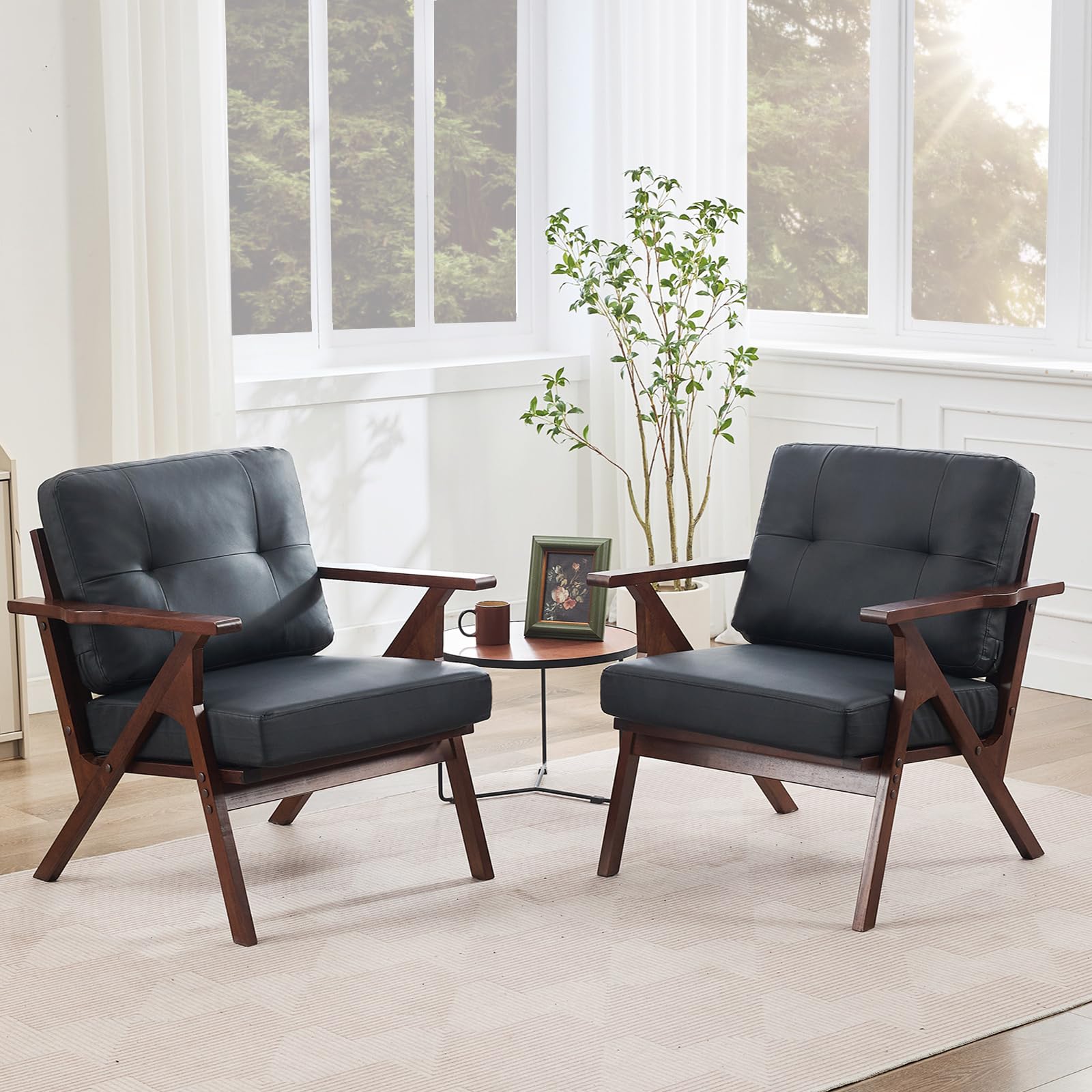 Black Leather Accent Chairs Set of 2, Mid Century Modern Accent Chairs