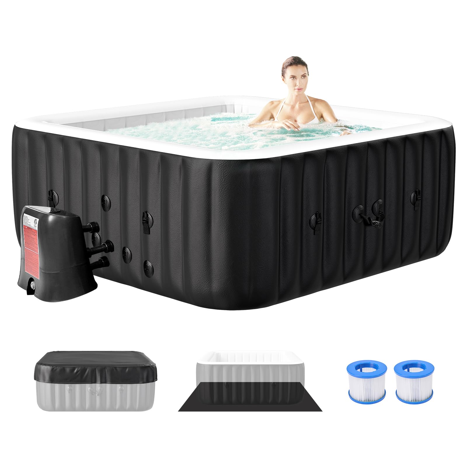 Person Inflatable Hot Tub, Large Square Portable Blow up Hot Tub
