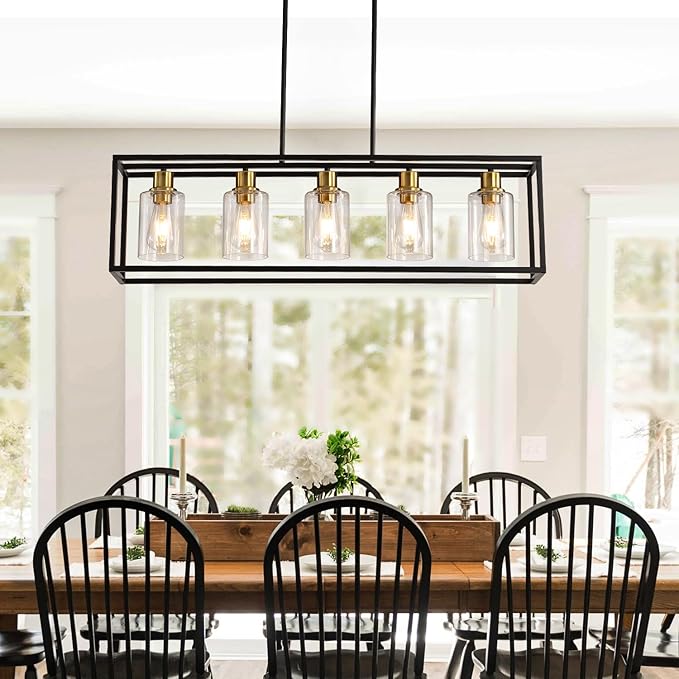 5-Lights Modern Kitchen Island Light Matte Black Industrial Linear Hanging Lamp