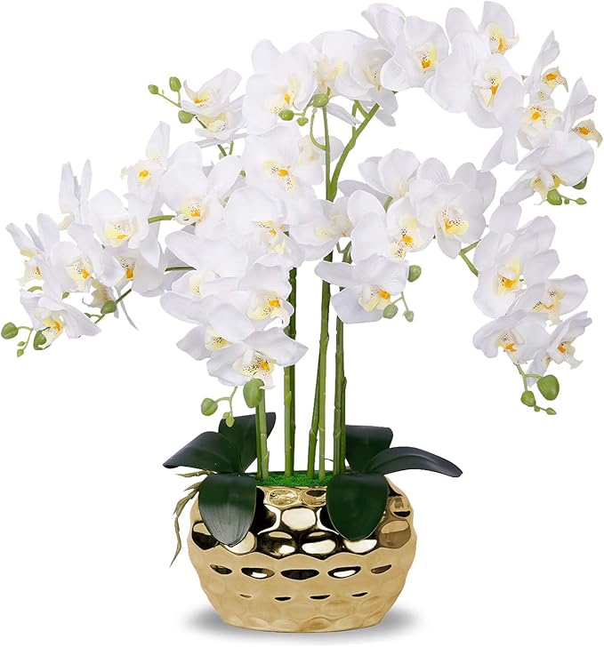 White Orchid Arrangement in Silver Vase Fake Orchids Arrangements Centerpiece Silk
