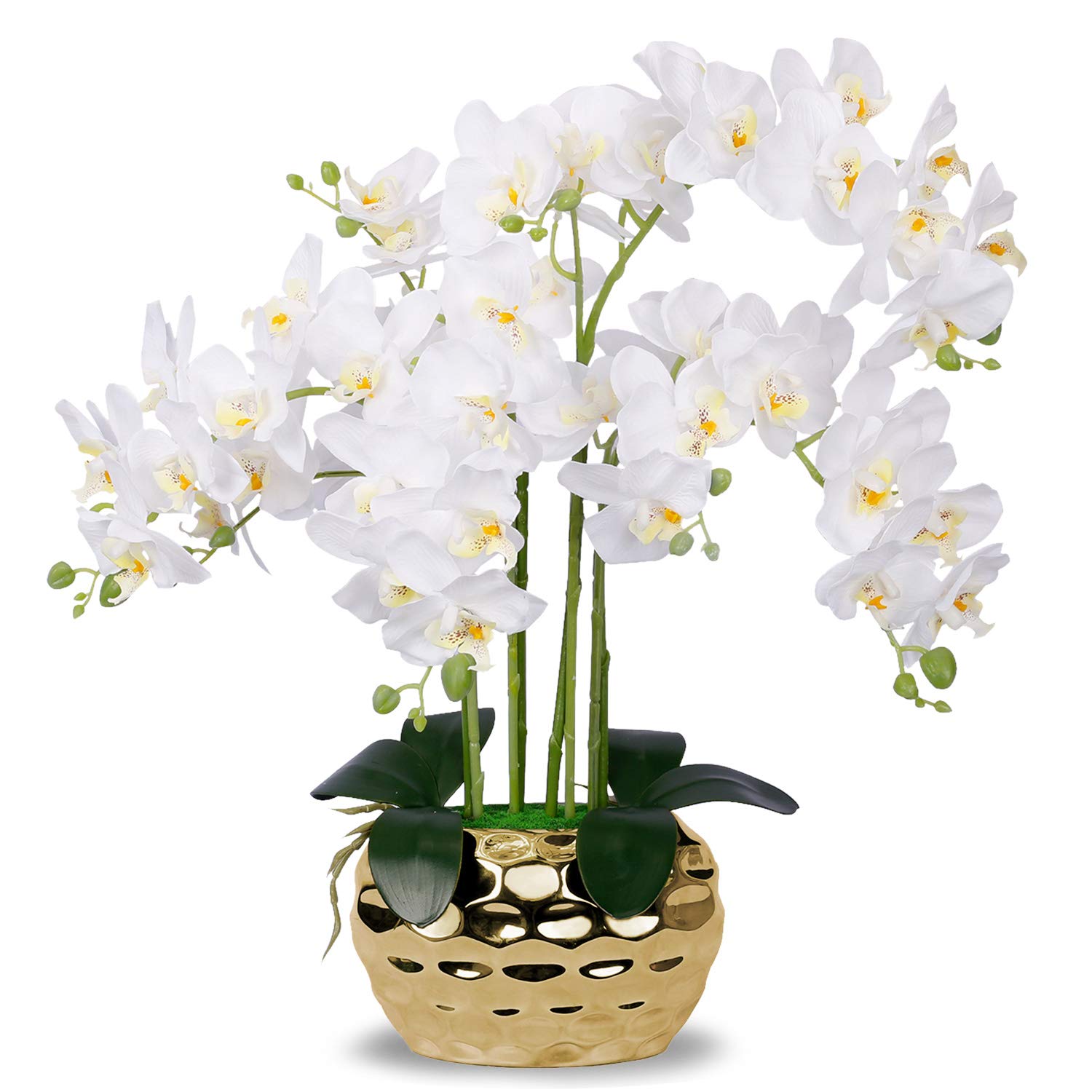 Artificial Orchid in Gold Vase White Silk Faux Orchid Plant in Gold Pot Fake Flower