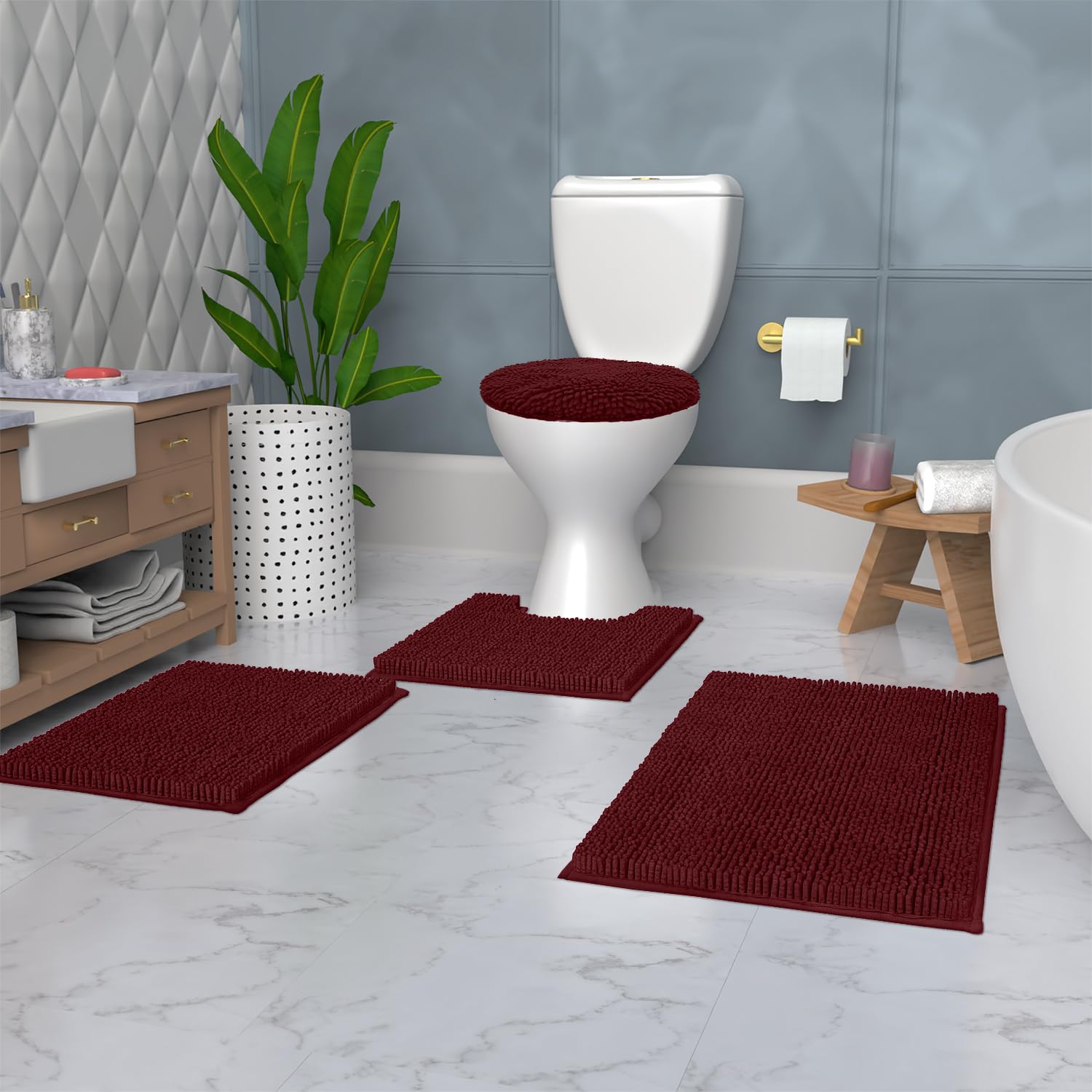 LuxUrux 4-Piece Bathroom Rug Set - Soft Chenille Mats, Non-Slip Toilet Mat & Lid Cover for Comfort & Style (20x20 U, 16x24, 20x30 & 19x19 inches, Burgundy)