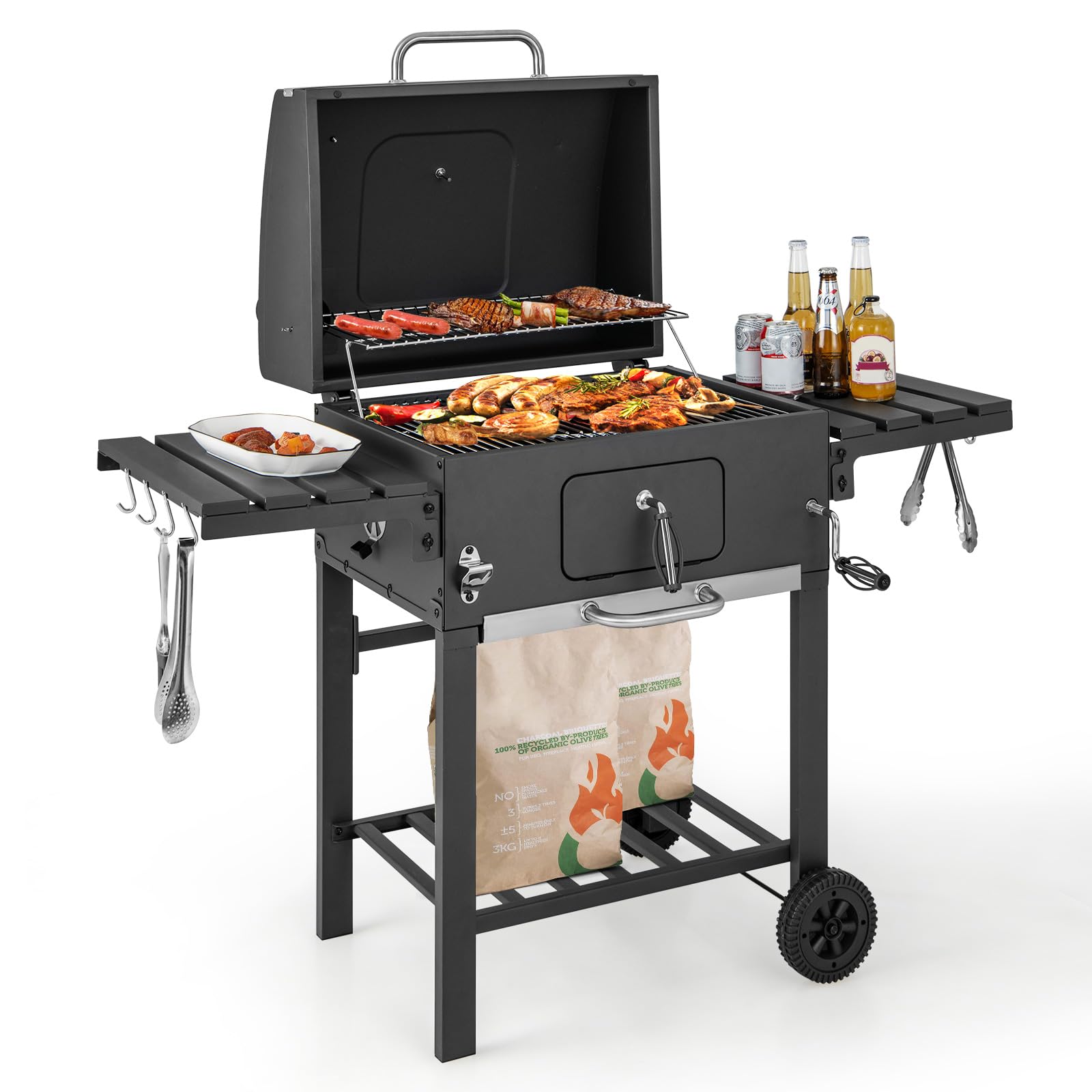 24-Inch Charcoal Grill - 2 Foldable Side Tables, Bottom Storage Shelf, 8 Hooks