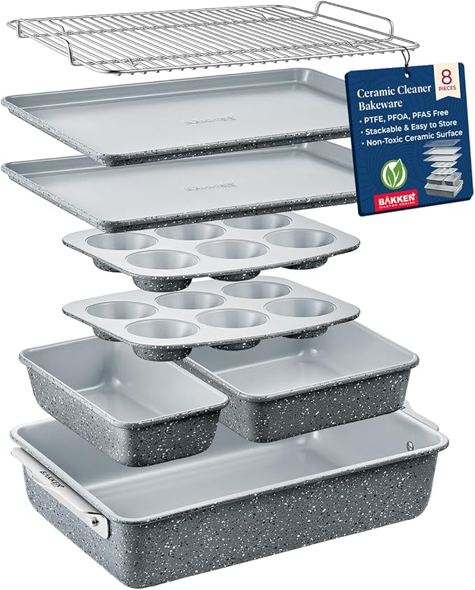8-Piece Stackable Bakeware Set - Ceramic Non-Stick Coating, Baking Sheets