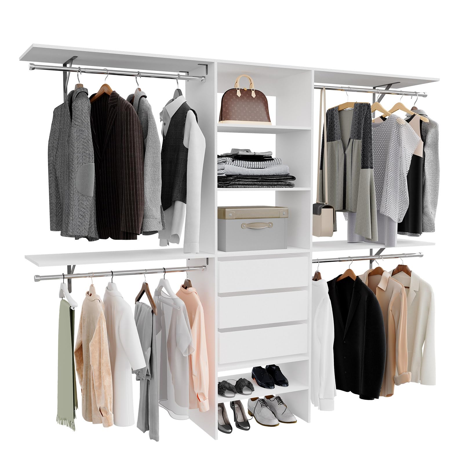 96 inch Closet System with 3 Drawers, 4 Hanging Rods, and 4 Shelving