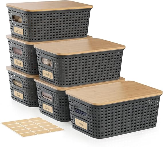 Small 5 Quart Plastic Storage Bin with Bamboo Lid, Stackable Decorative Storage Basket
