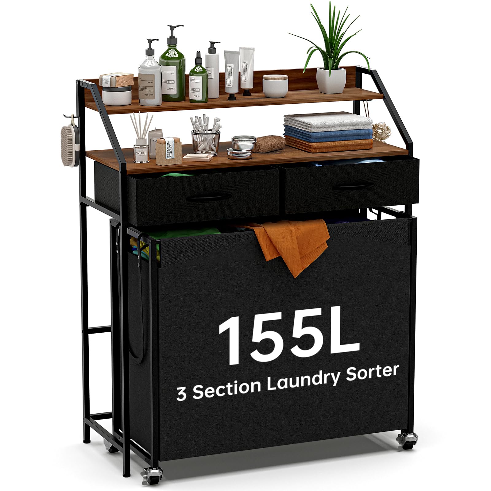 2 Tier Laundry Sorter with 3 Section Pull Out Bags Rolling Laundry Basket Organizer