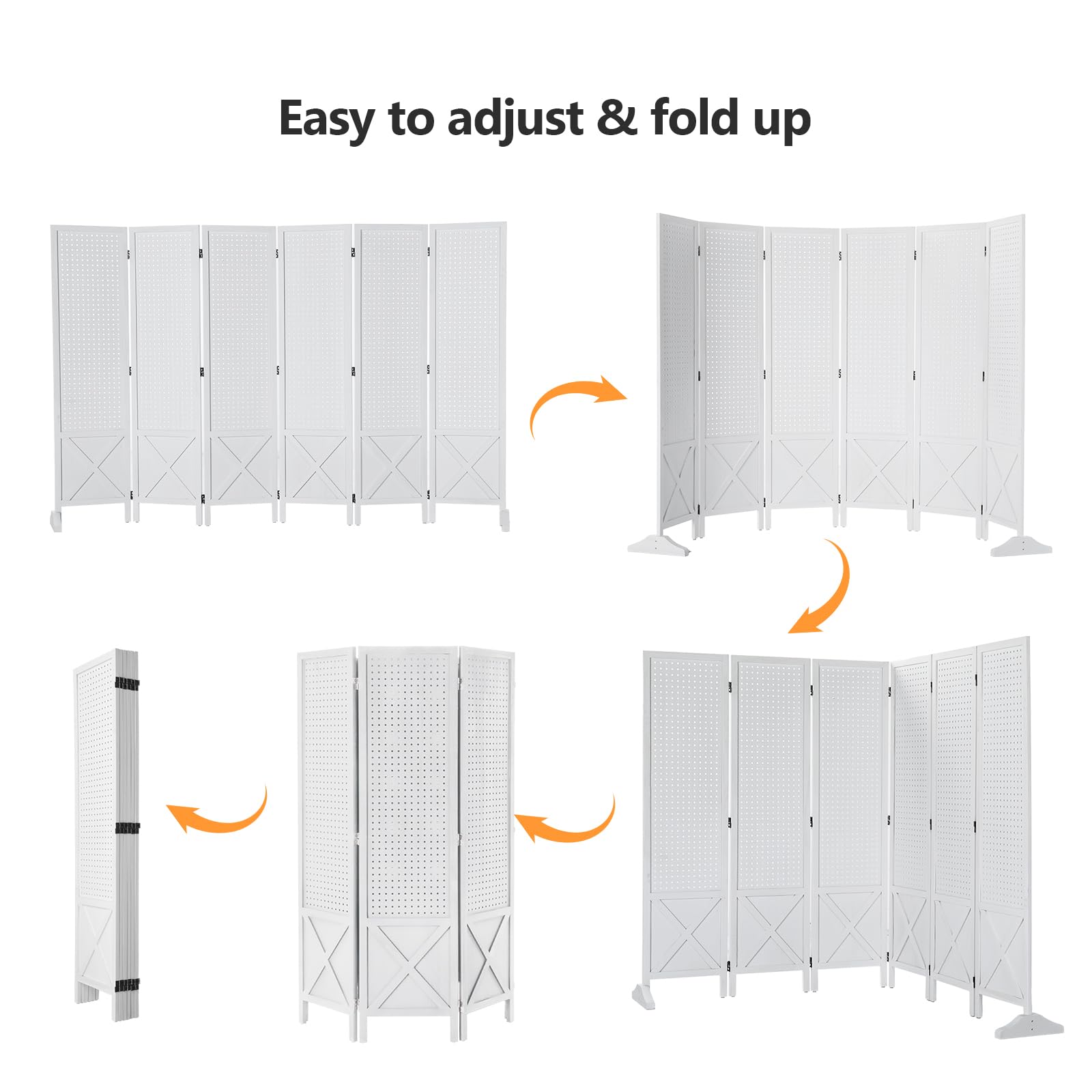 VINGLI Freestanding Pegboard with Support Feet, 5 FT Wood Room Divider Display Board Organizer, Folding Privacy Screen Partition Space Separator for Craft Shows Events Retail (White, 6 Panel)