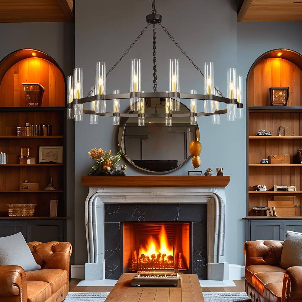 Black Wagon Wheel Chandelier, 16 Light Round Industrial Pendant Lightin