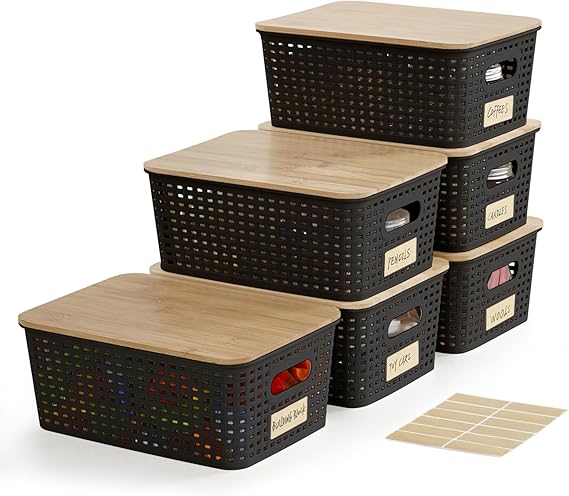 Small Plastic Storage Bins with Bamboo Lids 5.2qt Stackable Box Basket Pantry Decorative