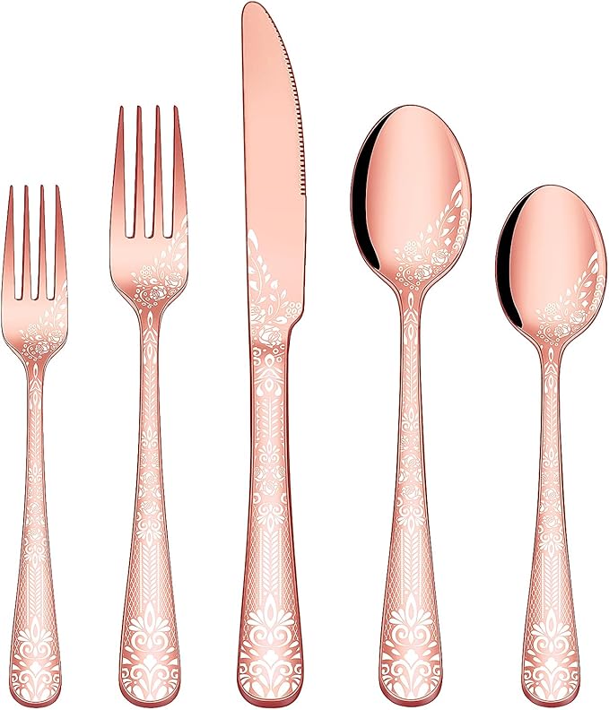 40 Pieces Silverware Set for 8, Stainless Steel Black Flatware Set with Unique Floral Laser