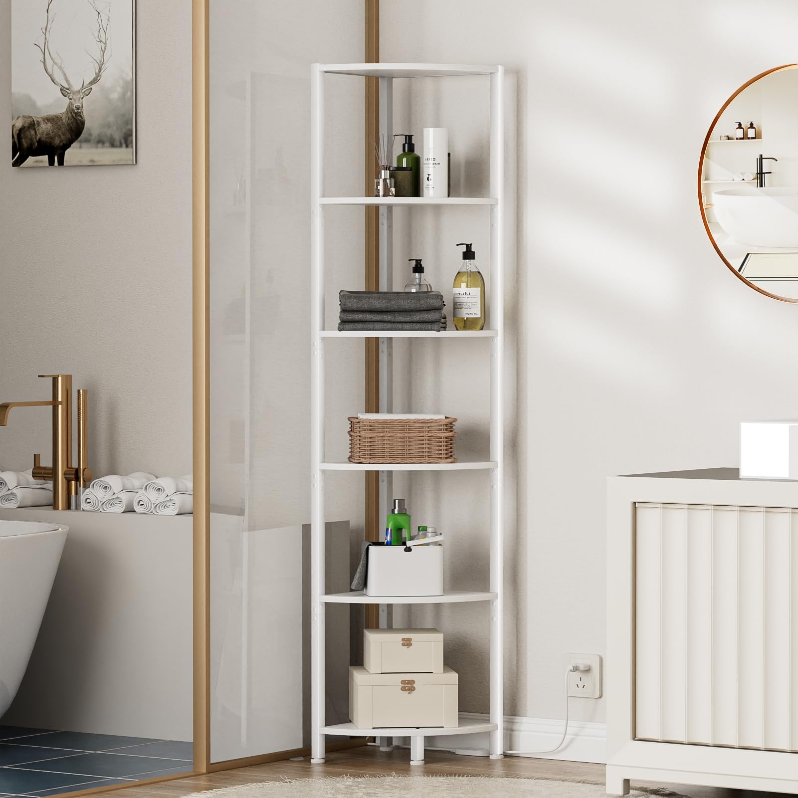 White Narrow Bookshelf with Storage Rack for Wall Corner, Living Room