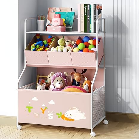 Toy Storage Organizer with Wheels - 3-Tier Kids Large Toy Box, Toy Chest Storage