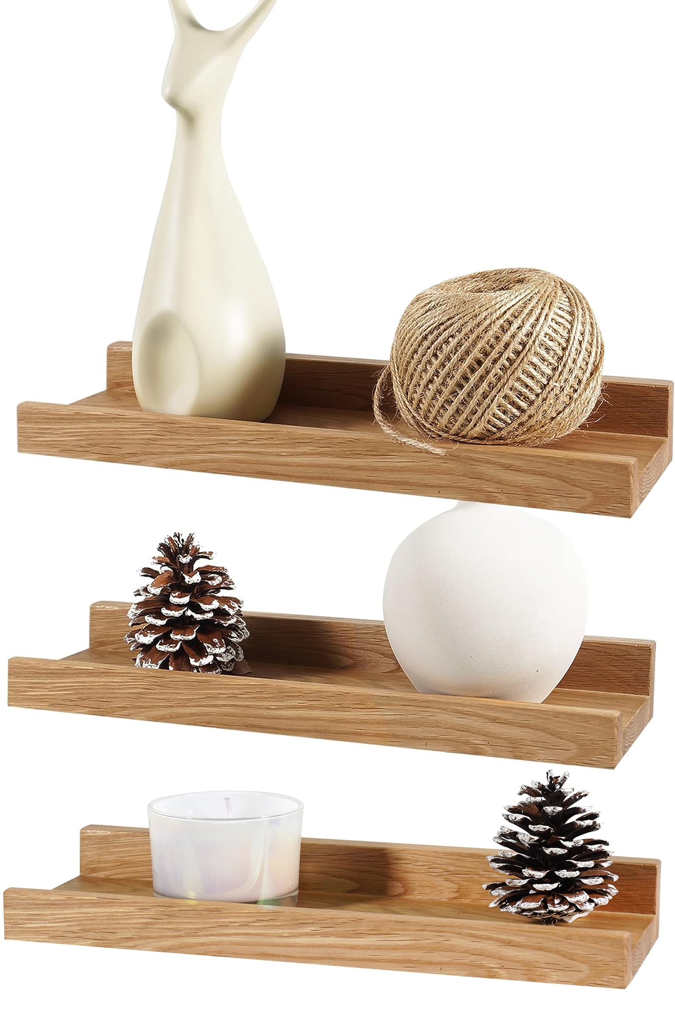 12 Inch Floating Shelves Wall Mounted, Solid Oak Wood Shelf for Decor and Storage